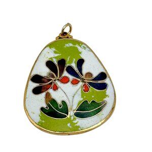 Vintage Cloisonné Enamel Floral Pendant With Gold-Tone Trim